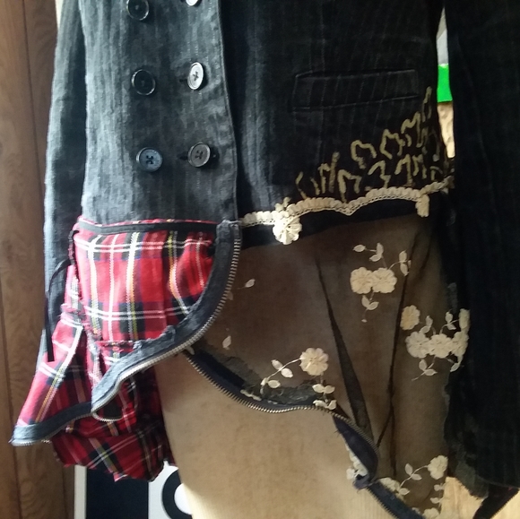 Pinstripe Jean Trench with vintage lace and tartan - Picture 3 of 6